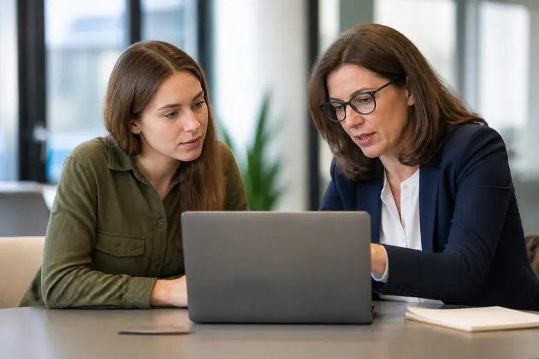 Une jeune femme discute avec une conseillère en emploi, examinant des opportunités de carrière sur un écran d'ordinateur.