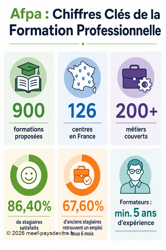 Infographie des chiffres clés de l'Afpa : formations, centres, métiers, satisfaction et taux de retour à l'emploi.