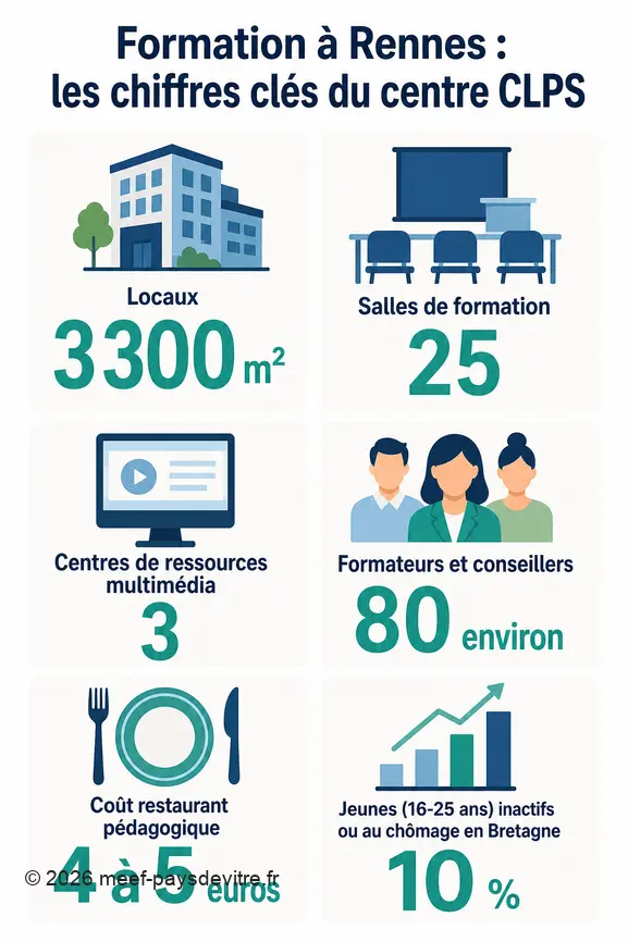 Infographie présentant les infrastructures, les effectifs, les coûts et des données jeunesse pour la formation à Rennes.
