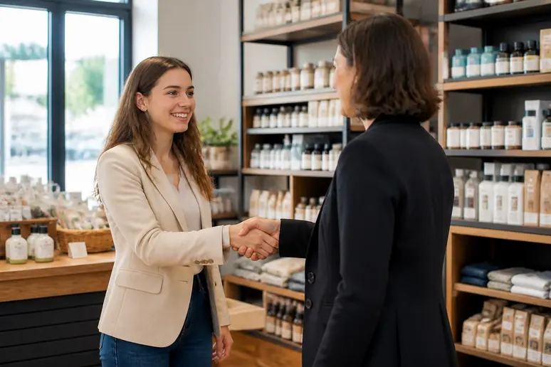 Jeune diplômée en entretien d'embauche dans un magasin, suite à sa formation à l'IFAC Brest, montrant les opportunités professionnelles.
