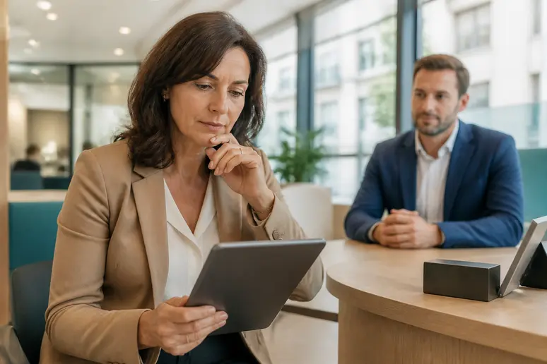 Une entrepreneure française examine attentivement sa tablette dans une agence bancaire, conseillée par un professionnel.