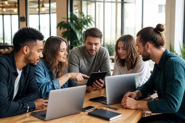 Des entrepreneurs français utilisent leurs smartphones et ordinateurs portables dans un espace de coworking moderne, gérant leurs finances.
