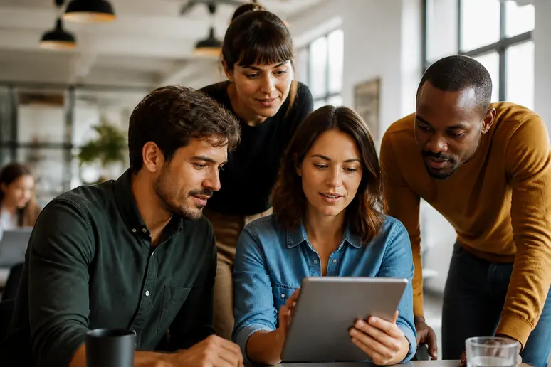 Des adultes français dans un espace de coworking moderne, examinant le contenu éducatif sur une tablette numérique.