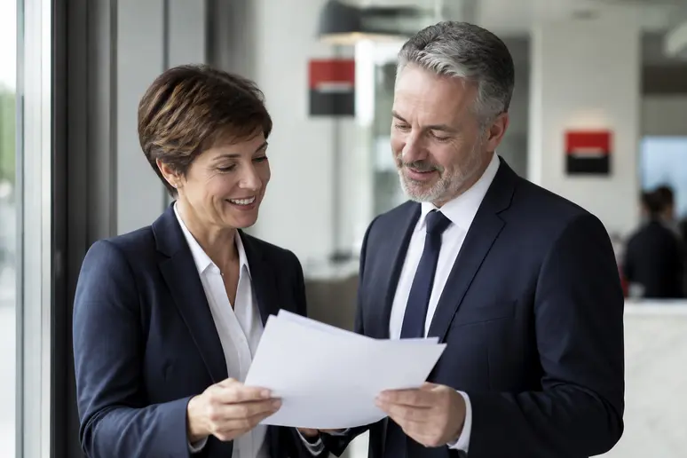 Entrepreneuse française échangeant avec un conseiller bancaire sur ses projets d'entreprise dans une agence Société Générale.