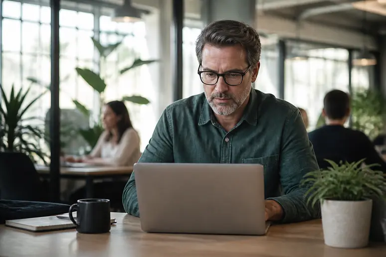 Un homme d'âge mûr travaillant sur son ordinateur portable dans un espace de coworking lumineux et moderne.