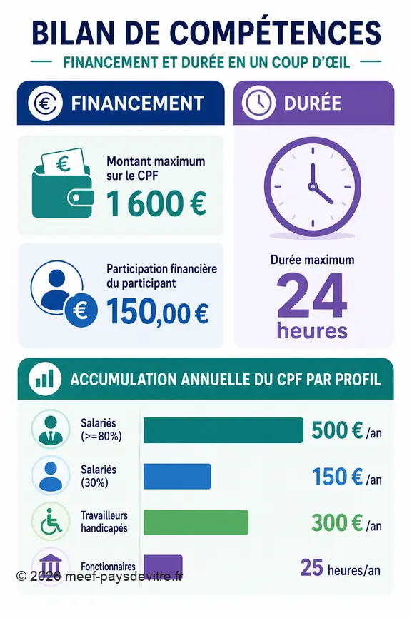 Infographie sur le financement et la durée pour faire un bilan de compétences avec le CPF.