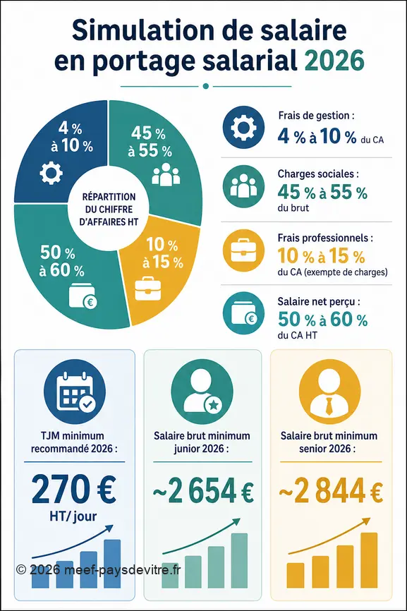 Simulation de salaire en portage salarial 2026 : coûts, revenus et TJM minimums pour consultants.