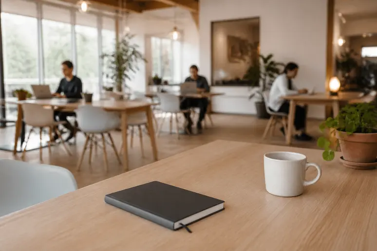 Espace de travail partagé lumineux avec mobilier en bois dans une commune du Pays de Vitré.