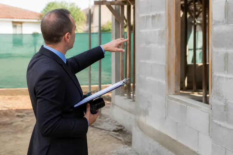 Commissaire de justice examinant un chantier de construction inachevé pour constater l'abandon des travaux.