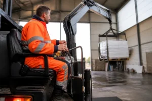 Opérateur manipulant une grue de levage professionnelle lors d'une formation certifiante caces r483 en atelier.