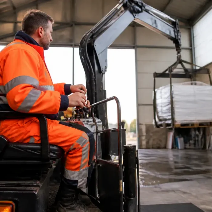 Opérateur manipulant une grue de levage professionnelle lors d'une formation certifiante caces r483 en atelier.