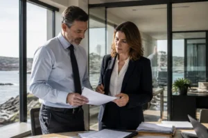 Discussion professionnelle en bureau entre un cadre et une ETAM, évoquant leur évolution de statut.