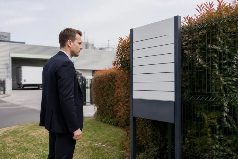 Une personne consulte le panneau de signalétique à l'entrée d'une entreprise agroalimentaire.
