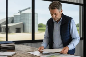 Professionnel consultant un document papier pour préparer une candidature spontanée exemple au sein d'un atelier.
