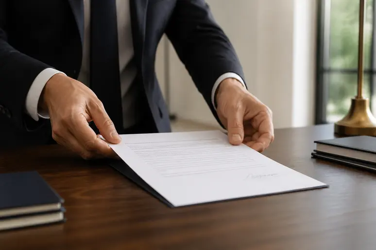 Des mains posent un document contractuel signé sur un bureau en bois dans une pièce lumineuse.