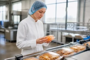 Un employé vérifiant la production industrielle dans un cadre de contrat de mission en usine agroalimentaire