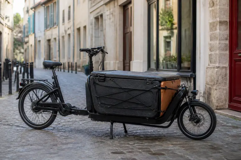 Vélo-cargo professionnel équipé d'un caisson isotherme de livraison stationné sur une rue pavée en ville.