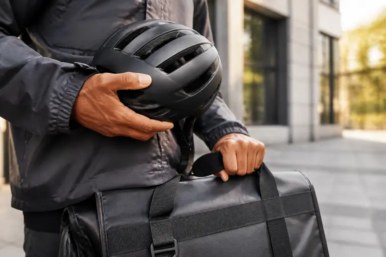 Mains tenant un casque de vélo et une sacoche de coursier professionnelle dans un environnement urbain.