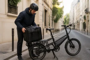 Un coursier à vélo charge son matériel dans une rue résidentielle française pour une livraison locale.