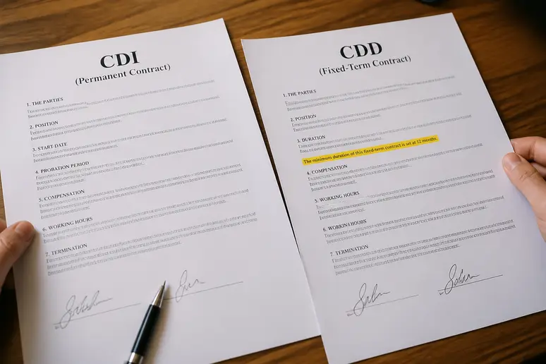 Gros plan sur deux contrats de travail distincts, l'un marqué CDI, l'autre CDD de plus de 6 mois.
