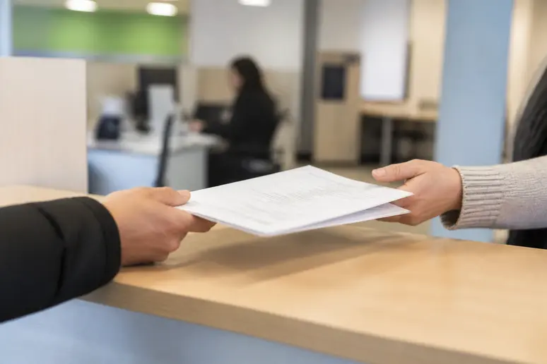 Une main tend des documents à un conseiller France Travail au guichet d'accueil.