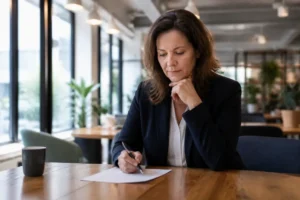 Femme réfléchissant à des documents liés à la prime de reclassement CSP dans un espace de coworking lumineux.