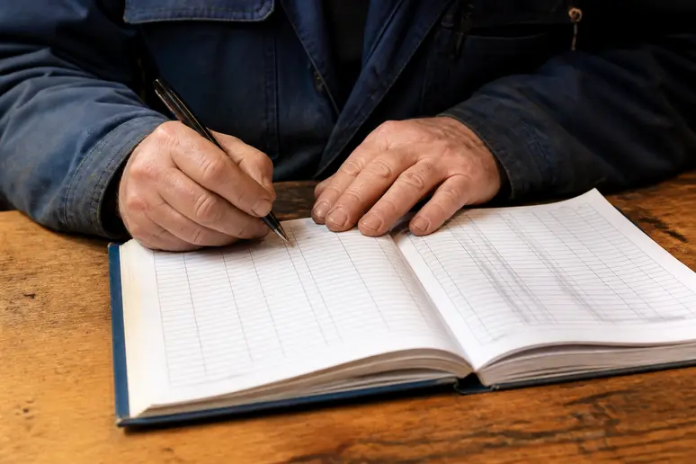 Mains d'un travailleur notant ses horaires de travail dans un carnet sur une table en bois.