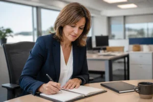 Une employée organisant son planning pour cumuler 2 emplois temps plein et temps partiel au bureau.