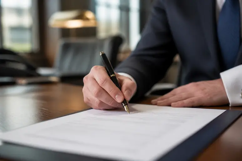 Main d'un employé signant un document administratif sur un bureau en bois