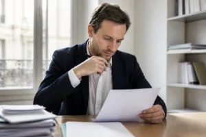 Cadre vérifiant des documents administratifs concernant le delai de paiement pour solde de tout compte en entreprise.