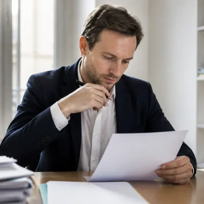 Cadre vérifiant des documents administratifs concernant le delai de paiement pour solde de tout compte en entreprise.