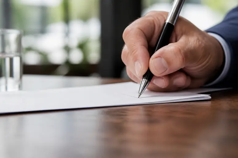 Main tenant un stylo pour apposer une signature au bas d'un document professionnel sur un bureau.