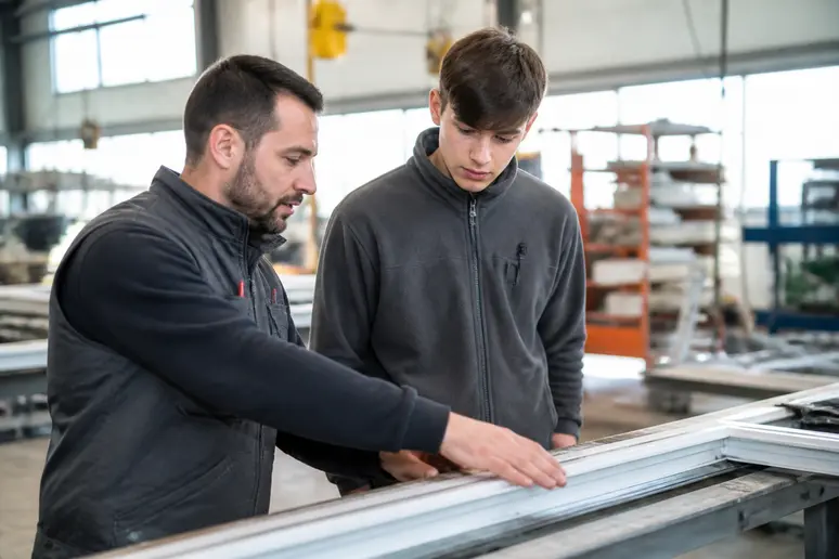 Un responsable d'atelier montre une zone de production à un jeune candidat en milieu industriel.