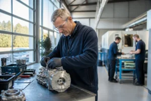 Ouvrier en atelier utilisant jobfirst pour trouver un emploi local qualifié