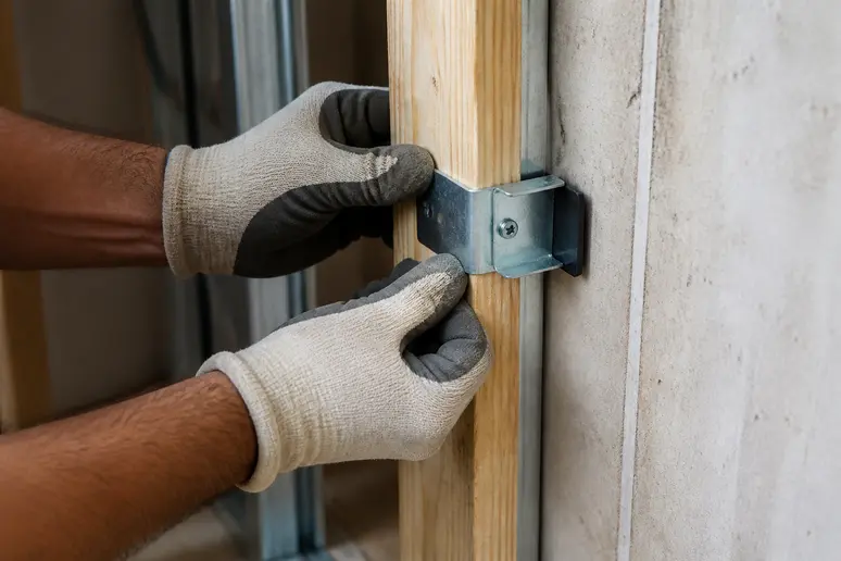 Mains d'un artisan posant des clips métalliques résilients sur une ossature murale pour la désolidarisation acoustique.