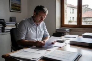 Un homme d'affaires examine des documents financiers dans son bureau, illustrant le plafond AGS.