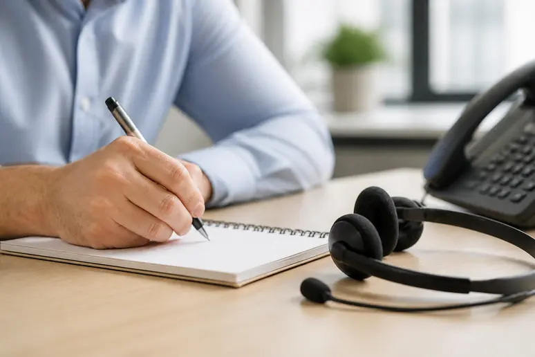 Mains prenant des notes manuscrites rapides à côté d'un casque téléphonique sur un bureau.