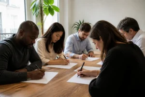 Candidats en pleine session d'évaluation lors d'un processus de recrutement cpam dans des bureaux modernes.