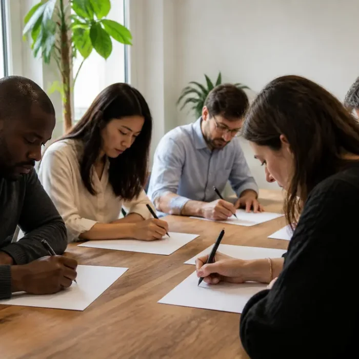 Candidats en pleine session d'évaluation lors d'un processus de recrutement cpam dans des bureaux modernes.