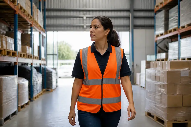 Personne en tenue professionnelle circulant dans les allées d'un entrepôt logistique.