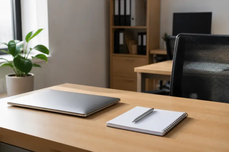 Bureau de travail rangé dans une entreprise avec un carnet et un stylo pour la gestion administrative