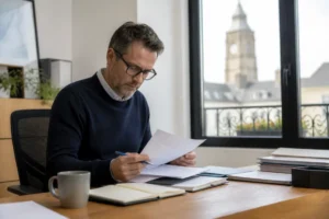 Un travailleur consulte des documents administratifs sur son bureau à Vitré pour gérer son dossier Agefiph Mon Compte.