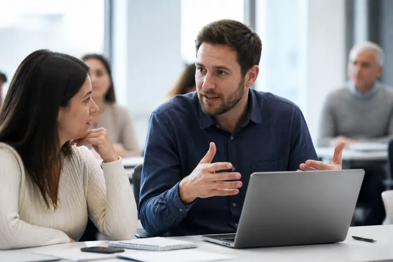 Un salarié en alternance échange avec un collègue lors d'une session de formation en entreprise.