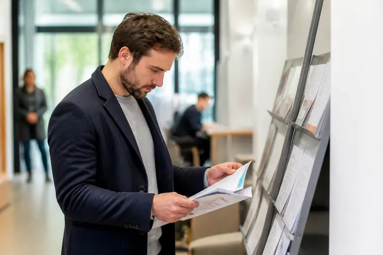 Candidat consultant des documents d'orientation pour un emploi à Châteaubourg dans un espace d'accueil