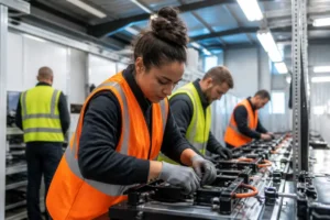 Plusieurs salariés en tenue professionnelle travaillent sur une ligne de production pour un emploi La Guerche de Bretagne.
