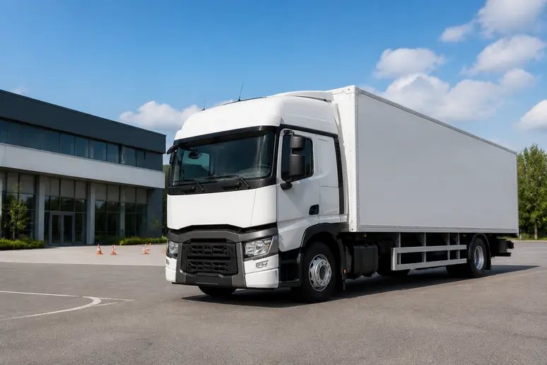 Camion école stationné sur la piste d'un centre de formation au permis poids lourd.