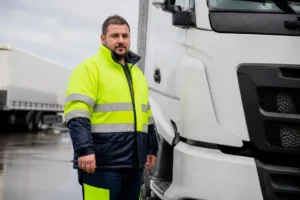Un professionnel en gilet haute visibilité à côté d'un camion pour illustrer le financement permis poids lourd.