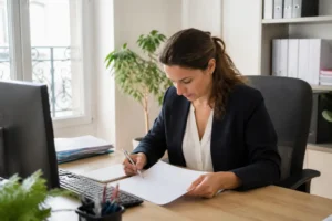 Salarié au bureau penché sur un document pour calculer sa journée de solidarité temps partiel