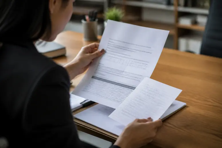 Salarié consultant les documents de calcul d'indemnité de licenciement pour inaptitude sur un bureau en bois.