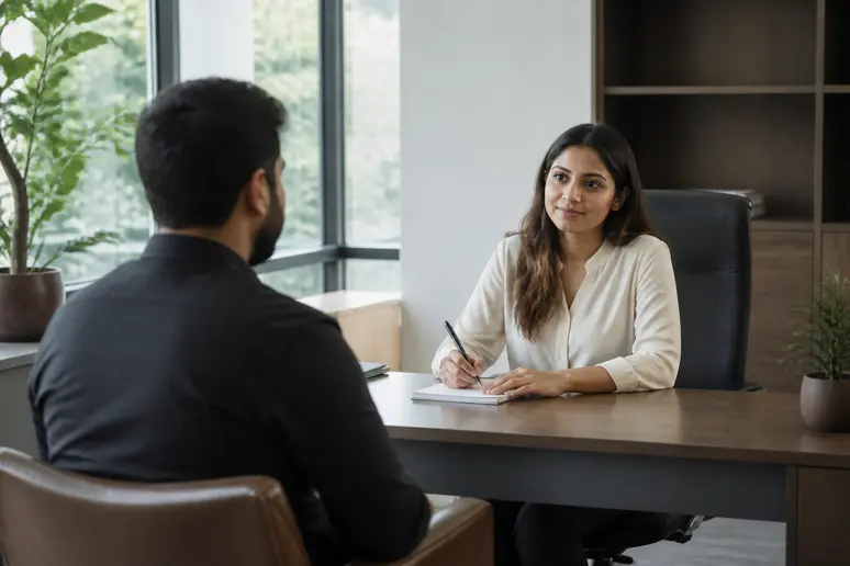 Bureau de consultation pour la reconversion professionnelle avec bloc-notes et stylo sur la table
